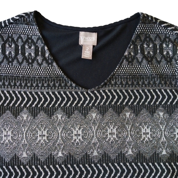 Chico's Black Silver Abstract Metallic 3/4 Sleeve Lined V-Neck Top Shimmering - Picture 4 of 8